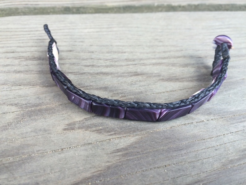 Flat Bead Wampum Bracelet with False Sinew Braid. Available on black sinew or natural sinew. image 2