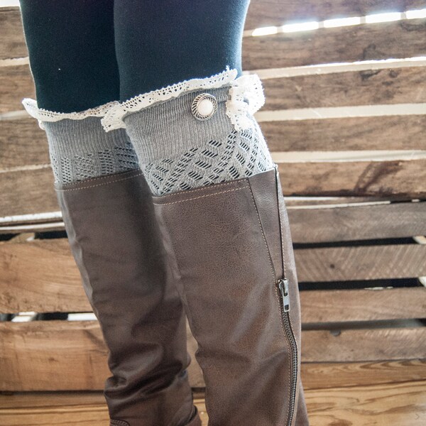 Adorable Lacey Gray Boot Socks/Leg Warmers with Button