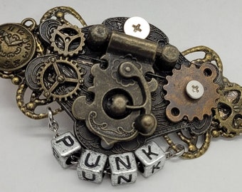 Steampunk hinge barrette- handmade cyberpunk accessory- punk jewelry- alligator style hair clip- upcycled recycled hardware- Christmas gift