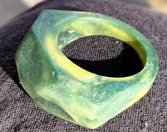 Chunky resin statement ring- green jewelry- shimmery multicolored handmade cocktail ring- funky jewelry- fun yellow accessory- large ring