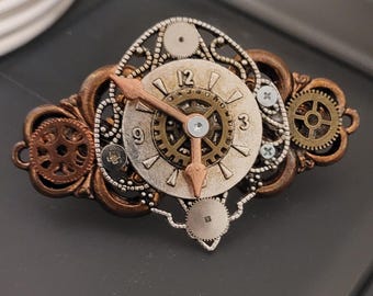 Handmade Steampunk Clock Sweater Clip – Recycled Watch Parts Shawl Clasp