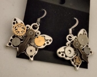 Steampunk butterfly earrings- handmade recycled jewelry- stainless steel hooks and silicon backs- dangle drop earrings- cyberpunk jewelry