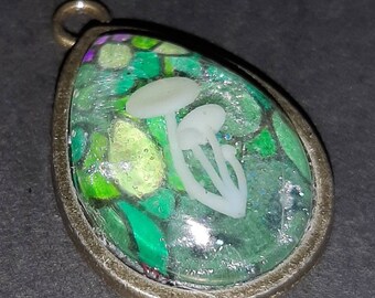 Mushroom pendant- green glitter handmade resin necklace- tear drop shape- hippie festival boho jewelry- gift idea- cottagecore style