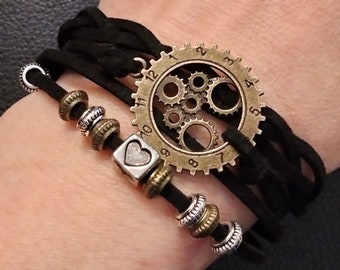 Steampunk clock bracelet with beads- faux leather multi strand- adjustable chain lobster clasp- cyberpunk jewelry- faux leather accessory