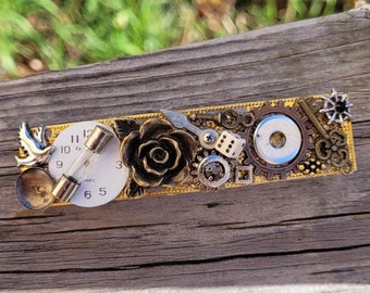 Steampunk hair barrette- found parts recycled junk jewelry- rectangular large French style clip- handmade thick clasp- Valentine's Day gift