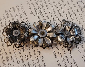 Steampunk flower hair barrette- handmade cyberpunk accessory- alligator style clip- recycled jewelry- multi flower slide- Christmas gift