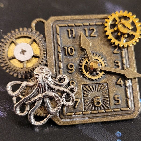 Steampunk octopus clock barrette- handmade cyberpunk accessory- alligator style hair clip- cyberpunk jewelry- unique gift idea for her