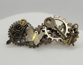 Steampunk butterfly barrette- recycled cyberpunk accessory- alligator style hair clip- handmade gear jewelry- small hair slide- Christmas