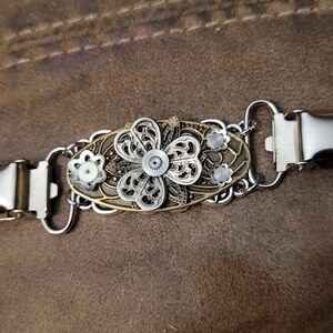 Steampunk flower sweater clip- handmade cyberpunk jewelry accessory- shawl cape clasp- clothing fastener- double ended- Christmas gift idea