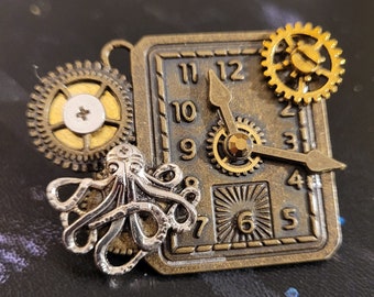 Steampunk octopus clock barrette- handmade cyberpunk accessory- alligator style hair clip- cyberpunk jewelry- unique gift idea for her