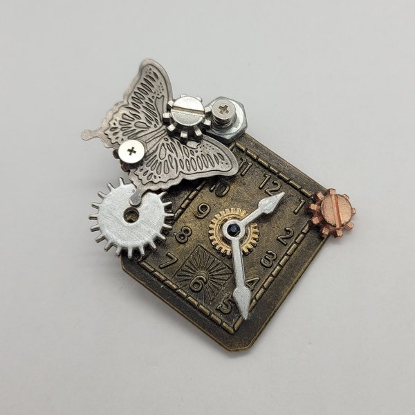 Steampunk clock barrette- butterfly jewelry- handmade cyberpunk accessory- alligator style hair clip- recycled hardware- Christmas gift