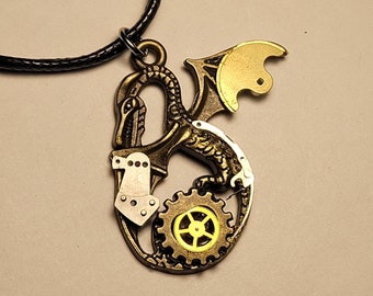 Steampunk dragon pendant- cyberpunk necklace- recycled watch parts- fantasy jewelry- handmade upcycled accessory- unisex Christmas gift idea