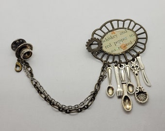 Steampunk double brooch- handmade decorative pin- kitchen themed accessory- unique jewelry- detachable mug, lobster clasp- cottage core