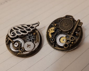 Steampunk recycled pin with wing, key, and watch parts- cyberpunk brooch- steam punk recycled accessory- small cyber punk round lapel pin