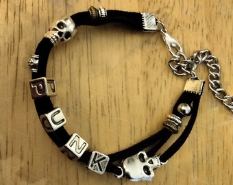 Punk skull bracelet jewelry- unisex multi strand faux leather bracelet with beads- stainless steel lobster clasp- punk accessory- gift idea