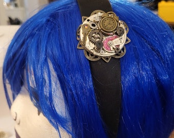 Steampunk black gear headband- satin covering- handmade cyberpunk accessory- hair jewelry- recycled hardware, watch parts- cotton lining