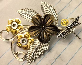 Steampunk flower dragonfly pin- handmade cyberpunk brooch- steampunk lapel pin jewelry- cyberpunk accessory- unique gift for her, him
