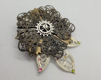 Flower steampunk barrette-handmade accessory- cyberpunk jewelry- large alligator style clip- Christmas gift idea for women- unique item