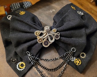 Octopus hair bow- large cotton steampunk double bow- handmade fabric chains accessory- cyberpunk jewelry- French style clip- Christmas gift