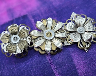 Steampunk flower barrette- handmade cyberpunk accessory- alligator style hair clip- recycled jewelry- multi flower slide- unique gift