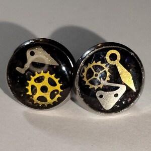 Steampunk unisex earring studs- handmade jewelry- resin, stainless steel- recycled watch parts- 10mm round- cyberpunk accessory- gift idea