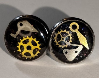 Steampunk unisex earring studs- handmade jewelry- resin, stainless steel- recycled watch parts- 10mm round- cyberpunk accessory- gift idea