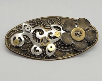 Steampunk flower pin- handmade oval bronze cyberpunk brooch- recycled jewelry- unique clothing accessory- gift idea for mother, sister