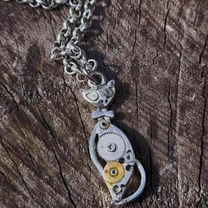 Steampunk cat pendant- handmade cyberpunk kitty necklace- recycled watch accessory- unique jewelry- animal lover- Mother&#39;s Day gift idea