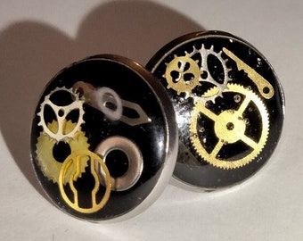 Steampunk earring studs- recycled watch parts jewelry- stainless steel- silicon backs- cyberpunk- 14mm round- handmade accessory- Christmas