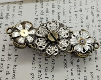 Steampunk sweater clip- flower clothing clasp- recycled cyberpunk  cape cloak fastener- handmade upcycled accessory- double ended- Christmas