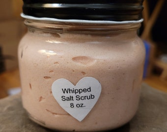 Whipped salt scrub- glycerin & coconut castile soap- fine ground Himalayan pink salt- shea butter- sunflower and hempseed oil- fragrance oil