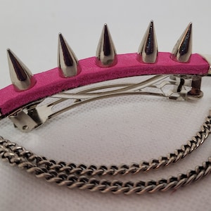 Pink leather spike barrette- punk accessory- French style hair clip- rivets, detachable double chain- handmade jewelry- Christmas gift idea