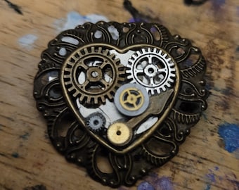 Steampunk heart gear pin- handmade brooch- small cyberpunk accessory- recycled watch parts- upcycled jewelry- gift idea for her, him, lapel