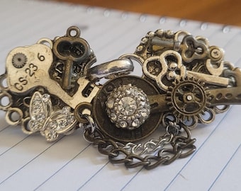 Key sweater clip- steampunk shawl cape clasp- scarf fastener- handmade accessory- recycled antique vintage jewelry- center hook closure