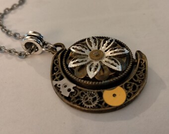 Steampunk rotating pendant- handmade recycled watch parts necklace- cyberpunk jewelry- double sided moon pendant- cyberpunk accessory
