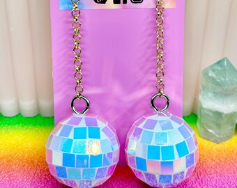 Unicorn Disco Ball Gold Chain Drop Earrings