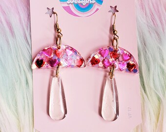 Heart Sequin Glitter Resin Mushroom Dangle Earrings