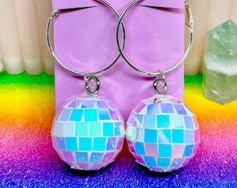 Unicorn Disco Ball Silver Hoop Earrings