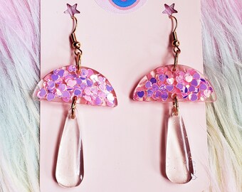 Iridescent Pink Heart Glitter Resin Mushroom Dangle Earrings