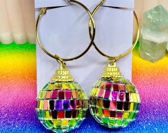 Mermaid Disco Ball Gold Hoop Earrings
