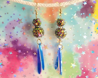 Double Rainbow Disco Ball Iridescent Sequin Fringe Tassel Earrings