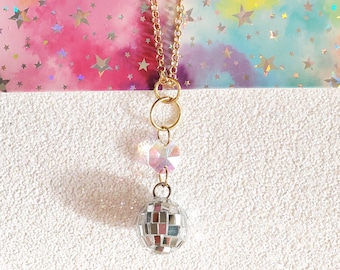 Iridescent Crystal Disco Ball Long Gold Necklace