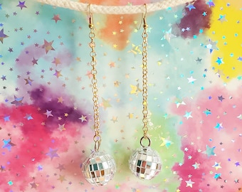Disco Ball Long Gold Chain Earrings