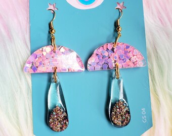 Iridescent Heart Glitter + Faux Agate Resin Mushroom Dangle Earrings