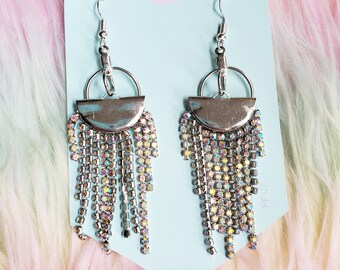 Disco Drip Iridescent Gem Fringe Dangle Earrings
