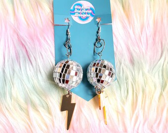 Gold Lightning Bolt Disco Ball Dangle Earrings