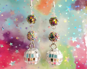 Rainbow Glitter Disco Ball Chain Drop Earrings