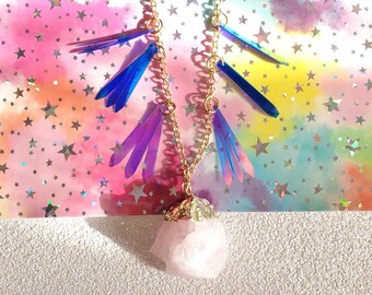 Rose Quartz Long Gold Necklace with Iridescent Sequin Fringe
