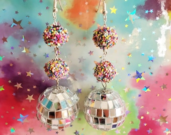 Double Glitter Disco Ball Chain Dangle Earrings