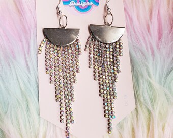 Long Disco Drip Iridescent Gem Fringe Dangle Earrings